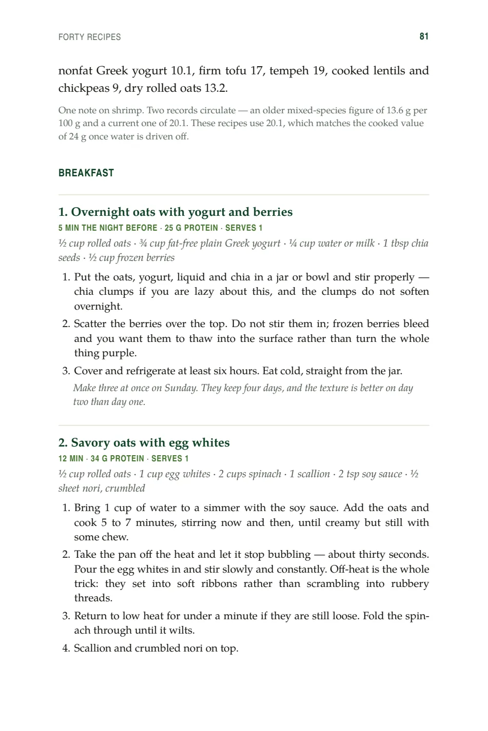 Page from The LP3 Diet — three of the forty recipes, protein calculated
